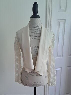 Cropped Lace Sleeve Open-Front Jacket